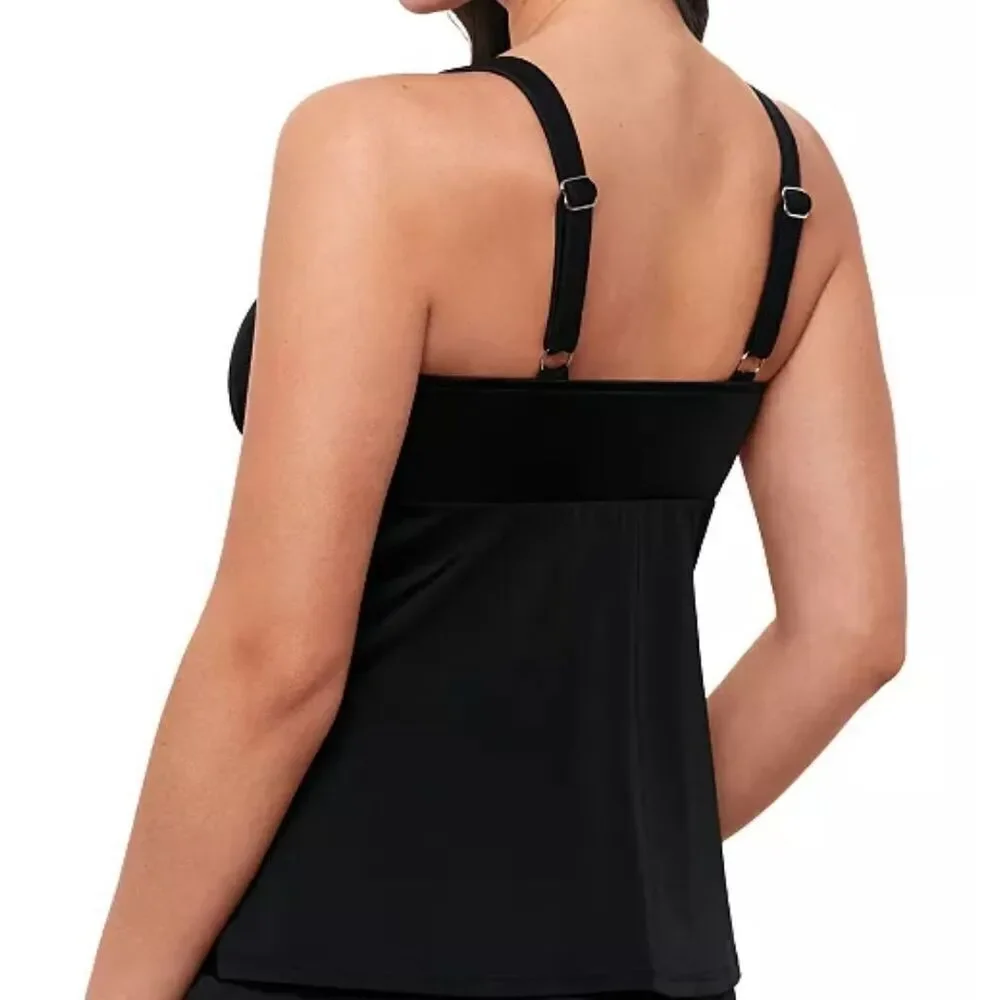 Swim Solutions Triple Pleat Tankini Ruffled Swim Top Black Womens Size 8 - Picture 2 of 8